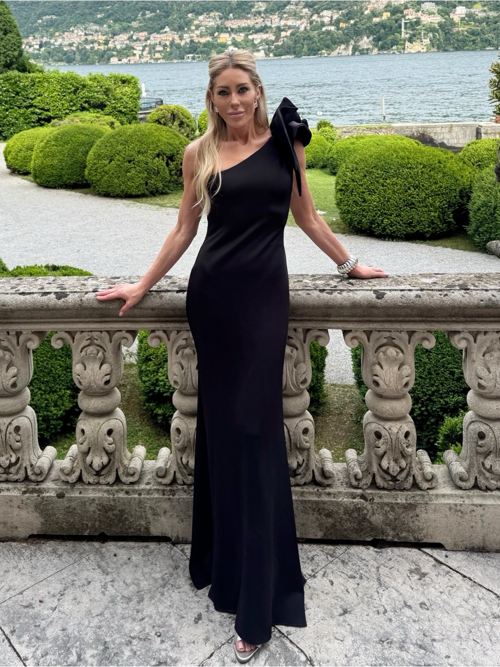 Betsy & Adam Black One-Shoulder Bow Gown - Picture 6 of 6